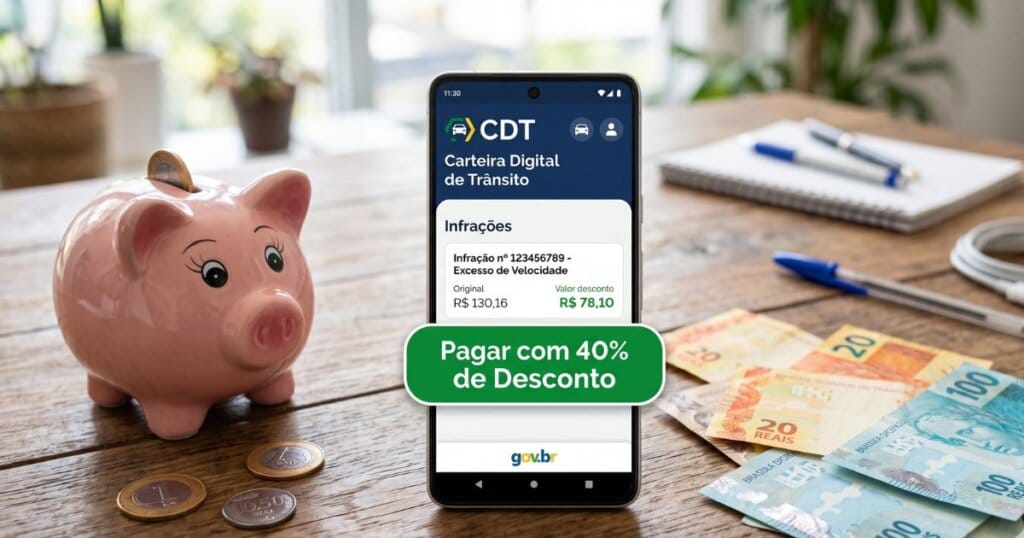 Tela do aplicativo CDT mostrando como Pagar Multas com 40% de Desconto pelo SNE