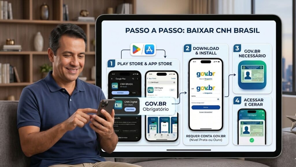 Guia Completo de como baixar Carteira Digital de Trânsito (CDT) 1 Motorista baixando o aplicativo Carteira Digital do Brasil.
