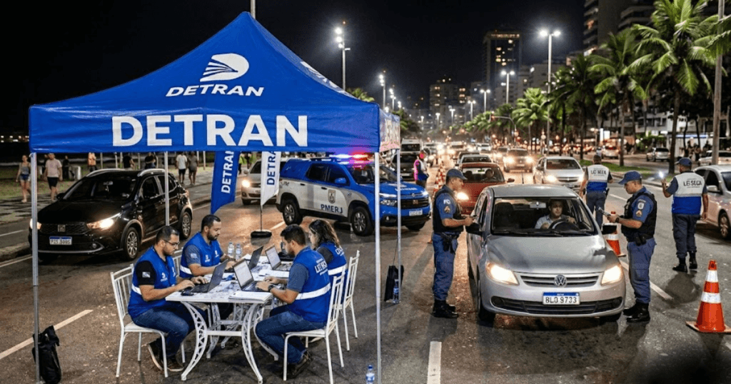 Operação Lei Seca durante a noite com fiscalização de veículos e presença de agentes de trânsito.