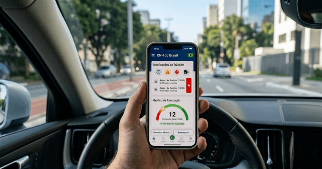 Motorista utiliza o celular para consultar multas e pontuação da CNH pelo CPF no aplicativo oficial.
