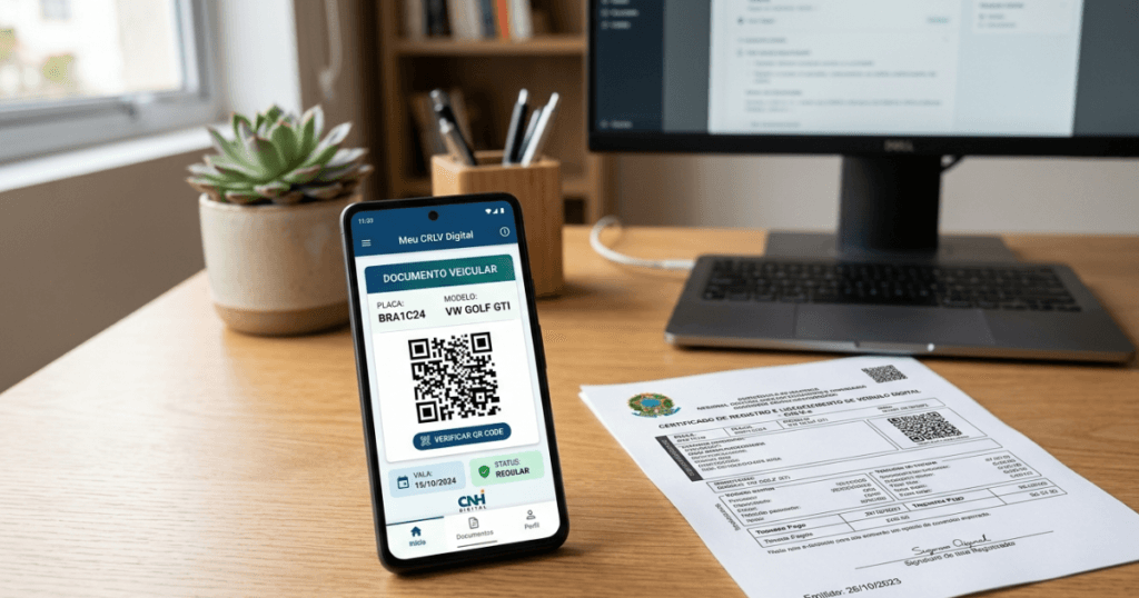 CRLV Digital 2026: Guia de Como Baixar e Imprimir o Documento em Casa 2 Smartphone exibindo documento CRLV Digital ao lado de uma versão impressa em papel A4 sobre uma mesa.