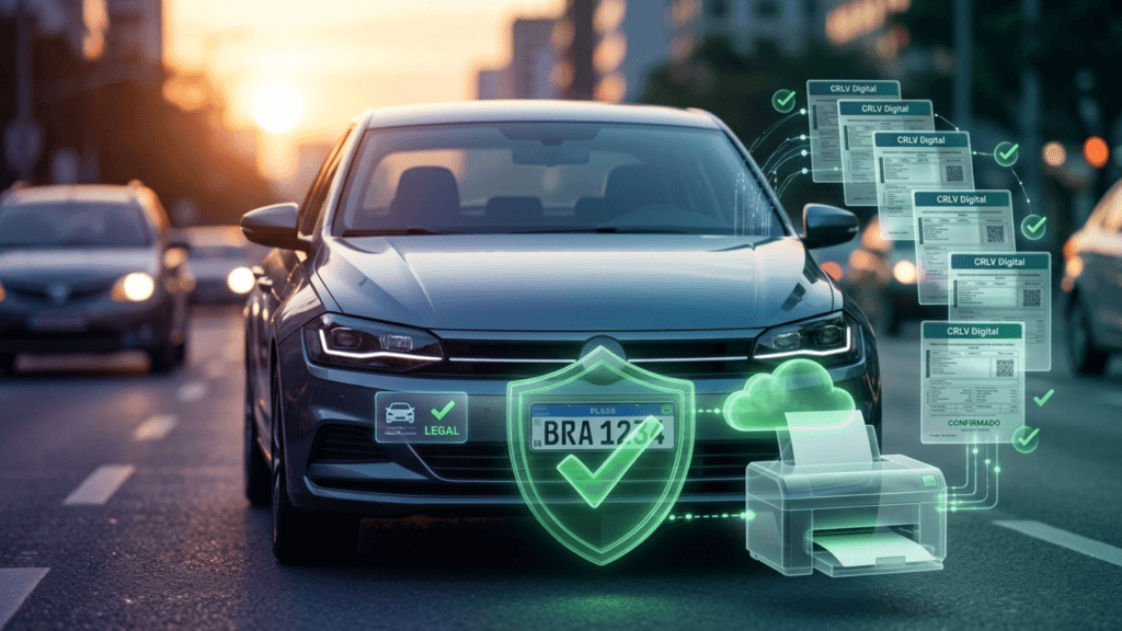 CRLV Digital 2026: Guia de Como Baixar e Imprimir o Documento em Casa 1 Composição gráfica simbolizando o licenciamento veicular concluído, segurança e tecnologia digital.