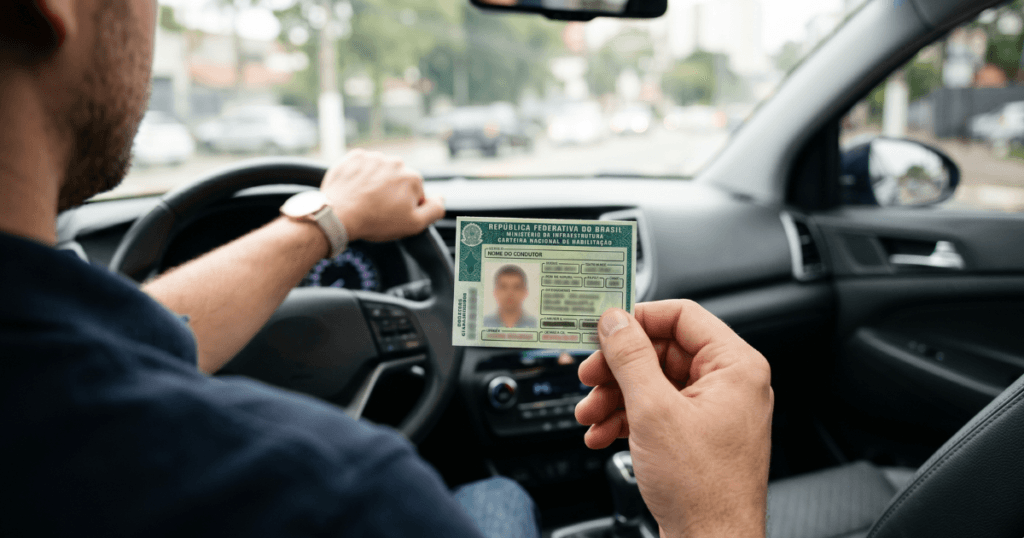 Motorista segurando CNH renovada dentro do carro
