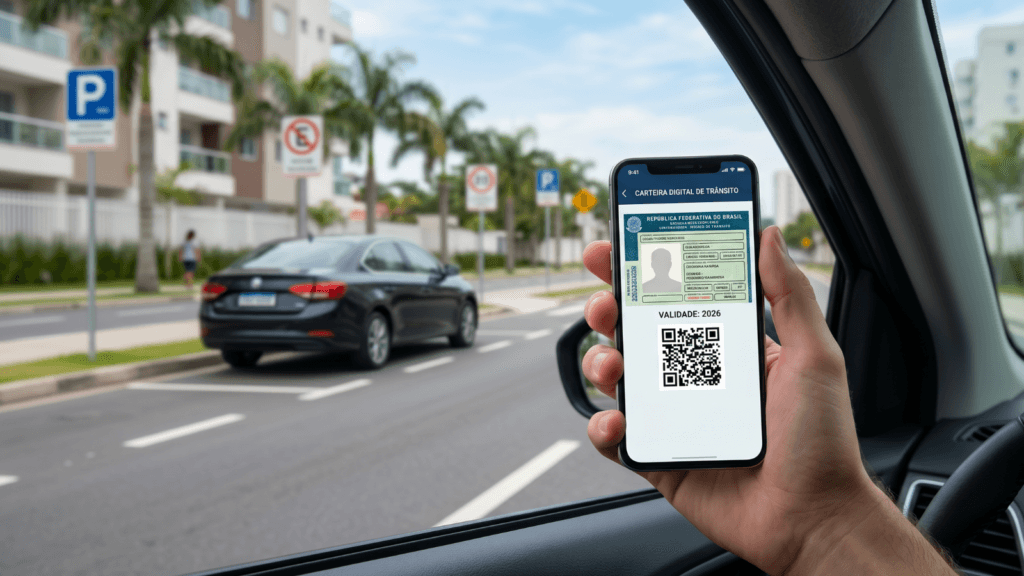 Renovação de CNH em 2026: Guia Passo a Passo, Prazos e Valores 1 Composição mostrando CNH Digital no celular e carro estacionado com segurança, simbolizando a renovação concluída