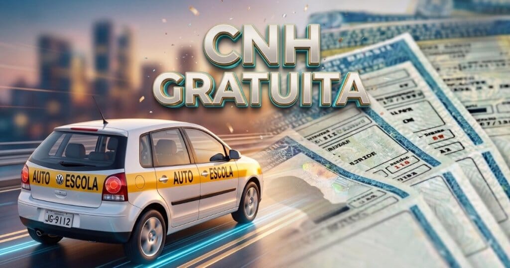 Carro branco de autoescola em movimento com o letreiro 3D CNH Gratuita e uma carteira de motorista ao fundo, ilustrando o programa CNH Social em 2026.