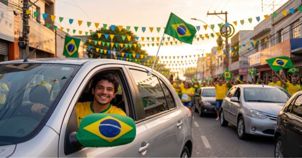 Motorista sorrindo ao saber que não levará multa por decoração de carro na Copa porque está seguindo as regras da lei.