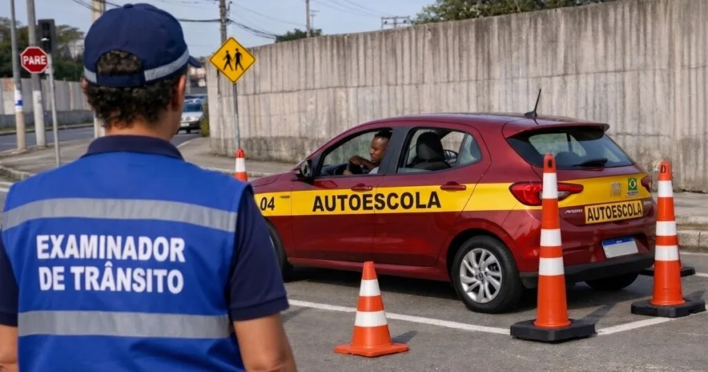Carro de autoescola posicionado na baliza isolada após o decreto do fim da baliza no Detran RJ