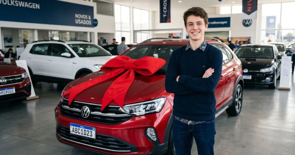 Jovem proprietário sorrindo ao lado do veículo após regularizar a documentação do primeiro carro.