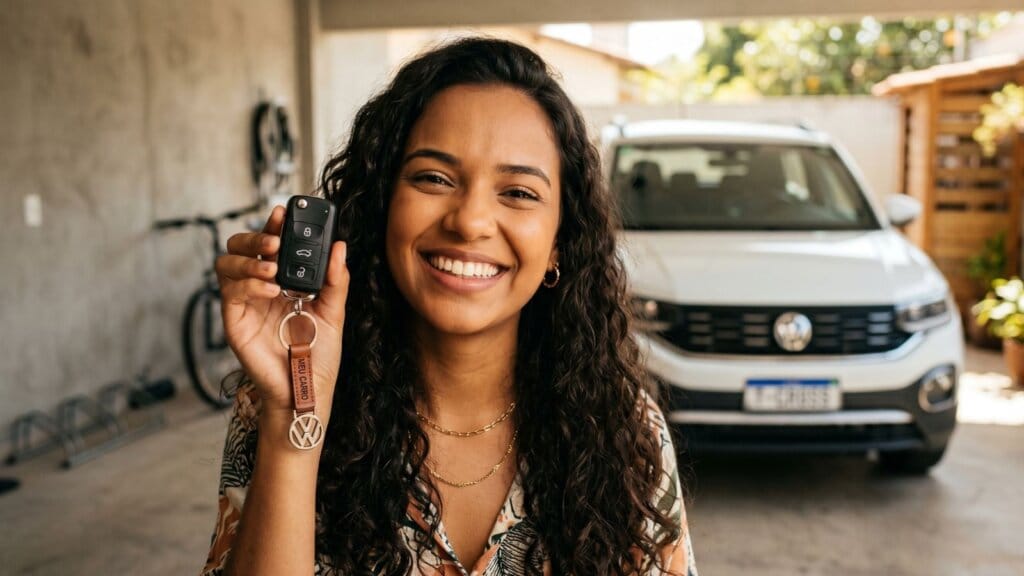 Documentação do Primeiro Carro: Guia de Impostos e Taxas para Iniciantes 1 Jovem proprietária sorrindo ao segurar a chave do veículo após regularizar a documentação do primeiro carro.