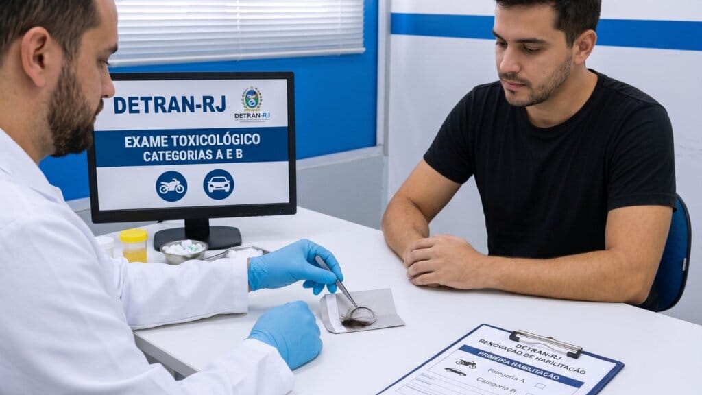 Candidato a motorista realizando o exame toxicológico na primeira habilitação.
