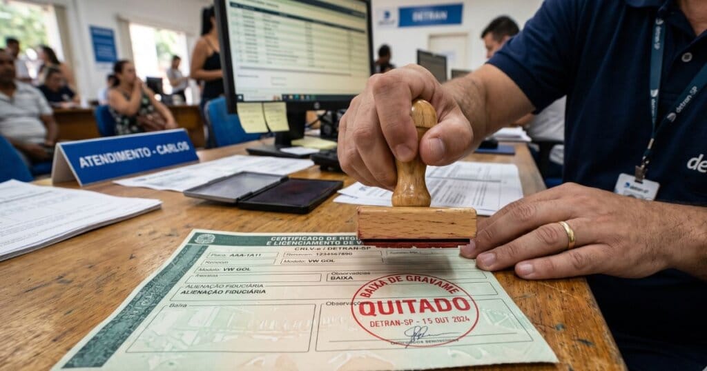 Mão carimbando um documento de veículo com o selo de quitado, ilustrando o artigo sobre como dar baixa em gravame no Detran.