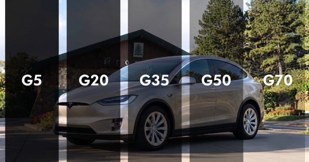 Carro demonstrando os diferentes graus de transparência das películas, do G5 ao G70, ilustrando o guia sobre o insulfilm permitido por lei em 2026.