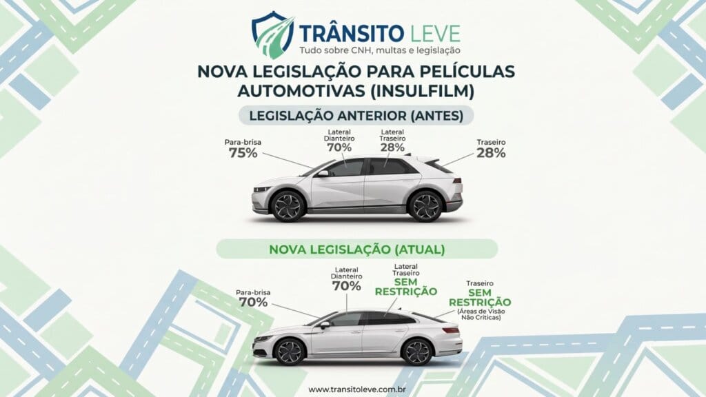 Infográfico do Trânsito Leve comparando a legislação anterior com a nova lei, mostrando a liberação dos vidros traseiros e o insulfilm permitido por lei em 2026.