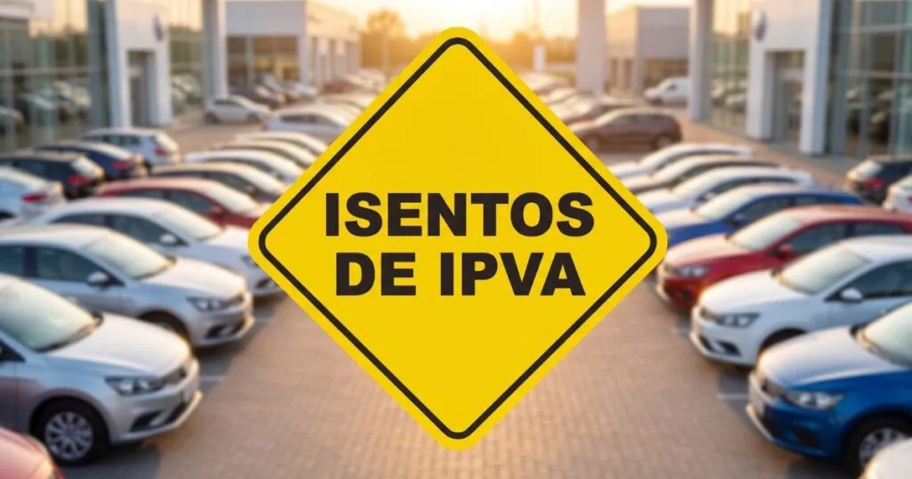 Sinal amarelo de trânsito com o texto Isentos de IPVA em destaque à frente de vários veículos num parque de estacionamento, ilustrando o guia sobre carros isentos de IPVA em 2026.