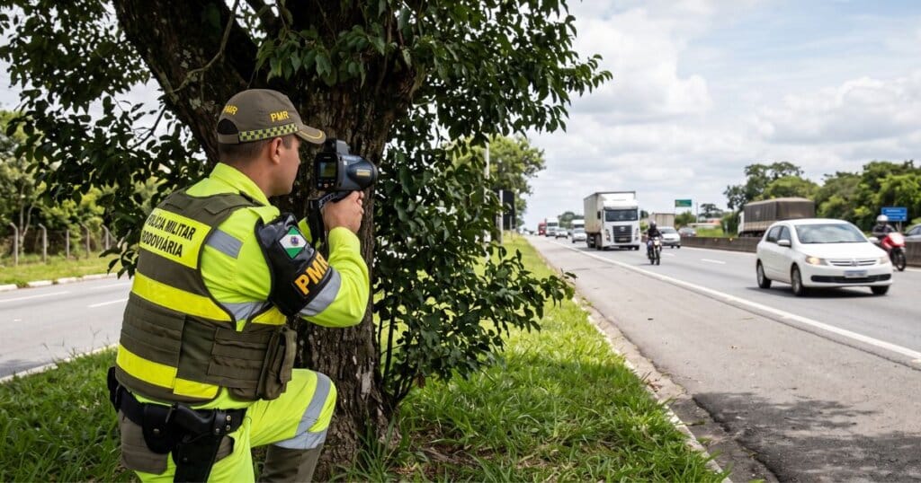Policial militar rodoviário operando um medidor de velocidade portátil escondido atrás de uma árvore, ilustrando uma fiscalização irregular que gera multa por radar escondido.