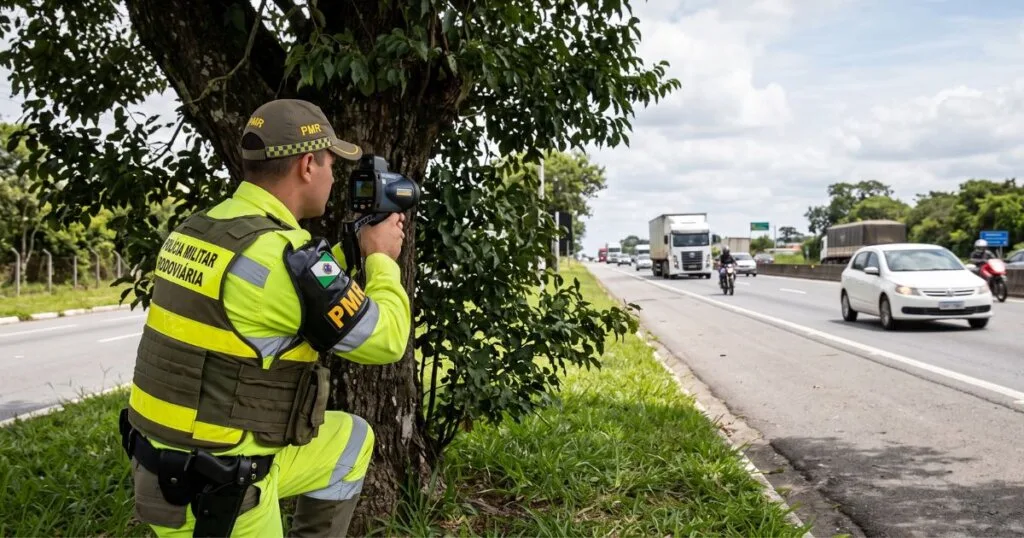 Policial militar rodoviário operando um medidor de velocidade portátil escondido atrás de uma árvore, ilustrando uma fiscalização irregular que gera multa por radar escondido.