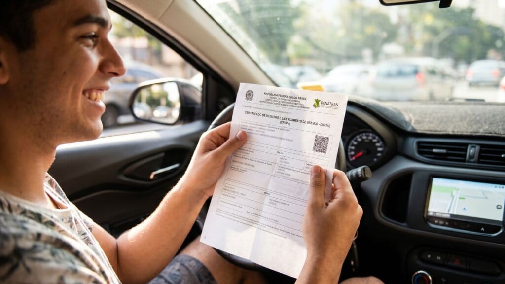 Quanto Tempo Demora para uma Multa Sair do Sistema Após o Pagamento? 2 Motorista segurando o documento CRLV digital impresso em papel A4 dentro do carro após a baixa das multas no sistema.