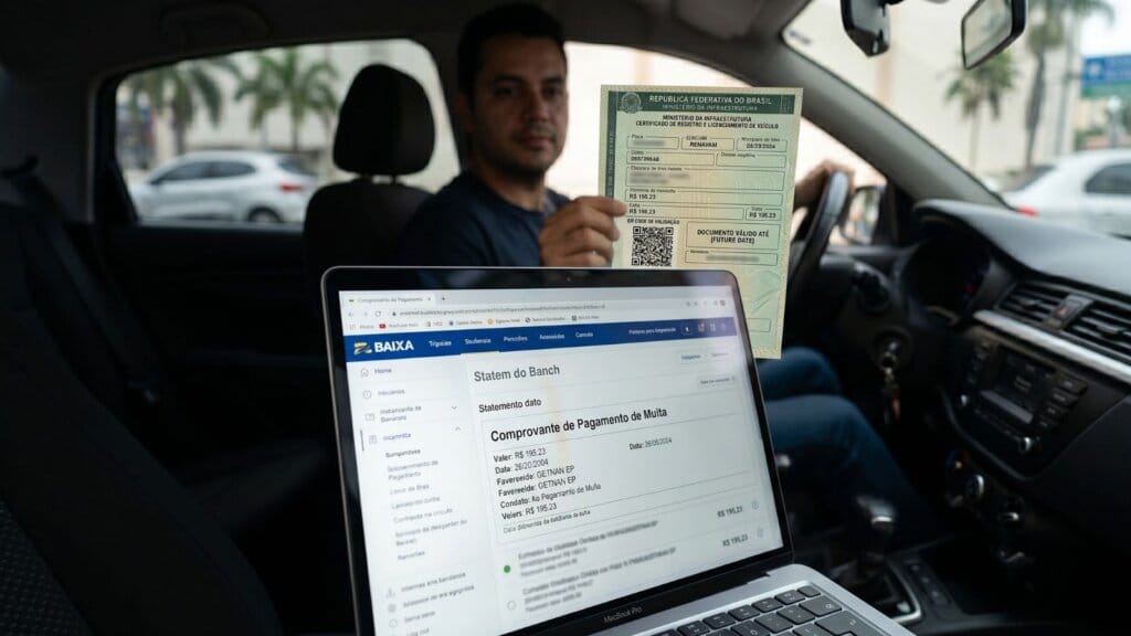 Quanto Tempo Demora para uma Multa Sair do Sistema Após o Pagamento? 1 Comprovante de pagamento de débitos veiculares exibido em tela digital para baixa de multas no sistema do Detran.