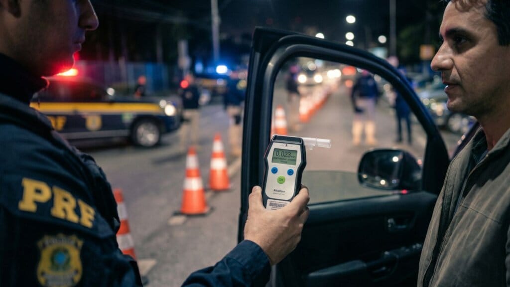 Recusa ao Bafômetro: Valor da Multa, Direitos e o que Acontece na Blitz 1 Agente de trânsito apresentando o etilômetro para realização de teste de alcoolemia durante blitz noturna