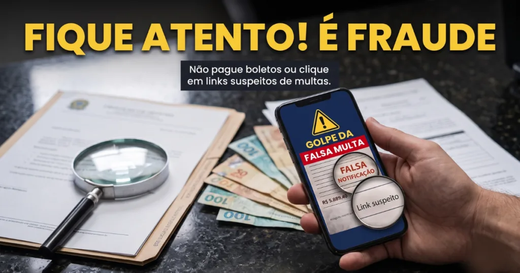 Capa de blog com a frase em destaque "Fique atento! É fraude" e o aviso secundário "Não pague boletos ou clique em links suspeitos de multas". Na imagem, uma pessoa segura um celular que mostra um alerta com o título "Golpe da falsa multa", com lupas apontando para os termos "falsa notificação" e "link suspeito", ilustrando o golpe da multa falsa por sms e aplicativos de mensagem.