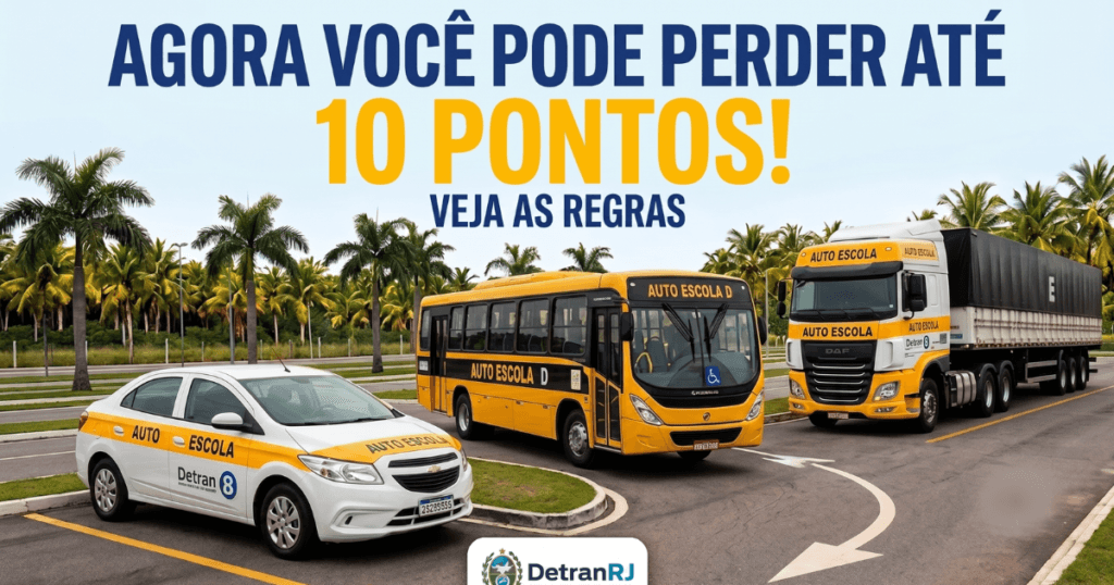 Nova prova prática do Detran RJ: "Agora você pode perder até 10 pontos! Veja as regras". A imagem exibe três veículos de autoescola alinhados em uma pista de exames: um carro branco com faixas amarelas na esquerda, um ônibus amarelo de autoescola D no centro e uma carreta branca com cabine amarela na direita, todos com o logotipo do Detran RJ.
