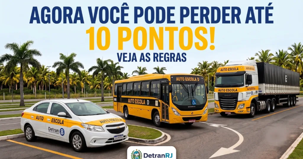 Nova prova prática do Detran RJ: "Agora você pode perder até 10 pontos! Veja as regras". A imagem exibe três veículos de autoescola alinhados em uma pista de exames: um carro branco com faixas amarelas na esquerda, um ônibus amarelo de autoescola D no centro e uma carreta branca com cabine amarela na direita, todos com o logotipo do Detran RJ.