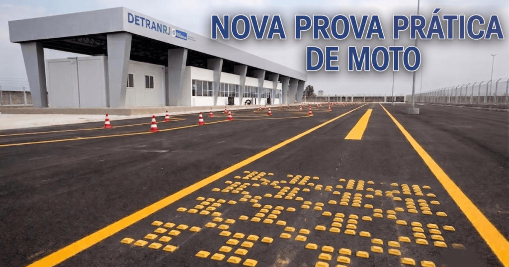 Pista oficial com cones e linhas amarelas, ilustrando a nova prova prática de moto Detran RJ 2026.