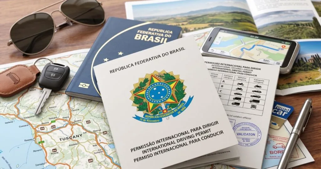 Livreto da Permissão Internacional para Dirigir aberto sobre um mapa de viagem, ao lado de um passaporte brasileiro, óculos de sol e chaves de carro, ilustrando o planejamento para dirigir no exterior.