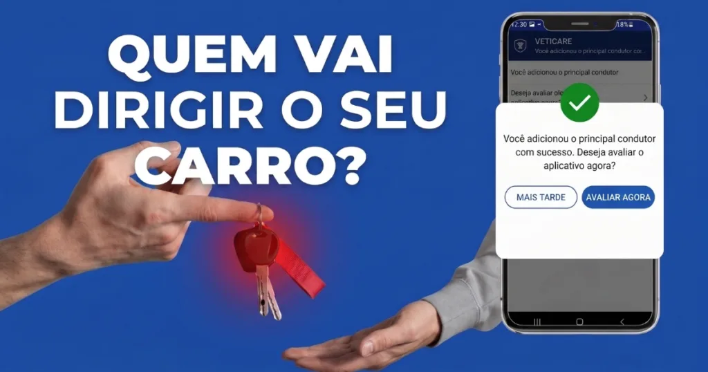 Pessoas entregando a chave do carro ao lado de um celular com a mensagem de sucesso. Tutorial de como cadastrar principal condutor na CDT.