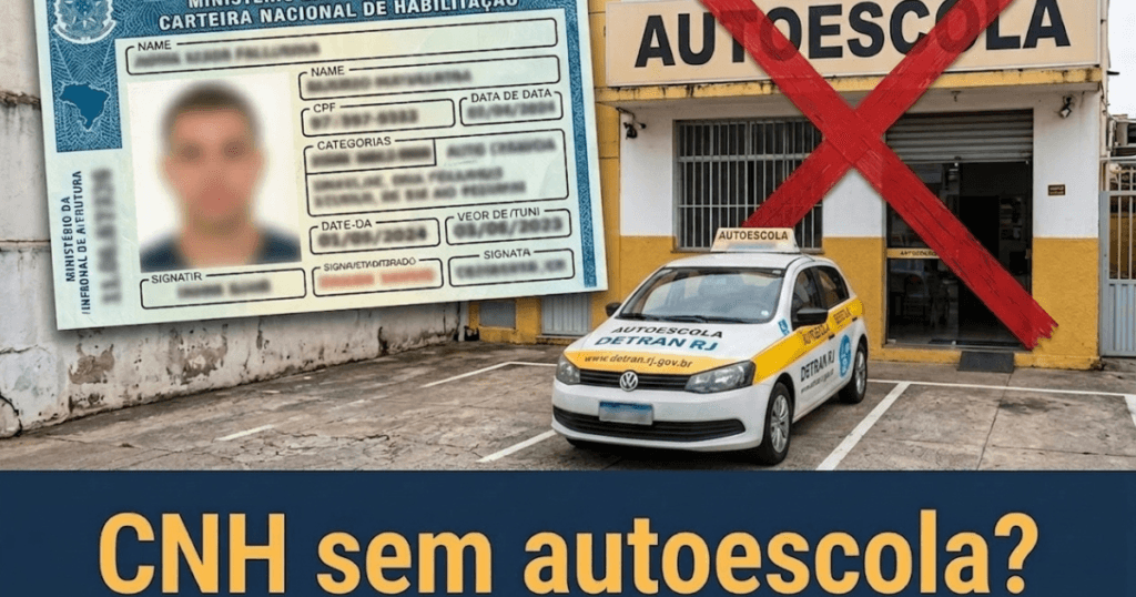 Montagem com a imagem de uma CNH e a fachada de uma autoescola com um grande X vermelho por cima, ilustrando a polêmica da CNH sem autoescola em 2026.