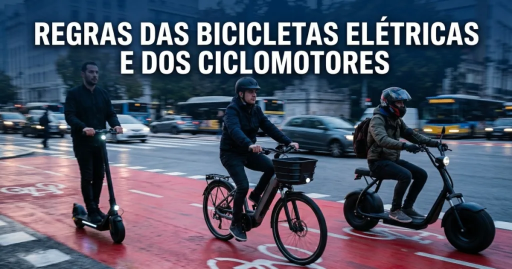 Pessoas conduzindo patinete, bicicleta elétrica e ciclomotor em via urbana. Entenda se bicicleta elétrica precisa de CNH em 2026.