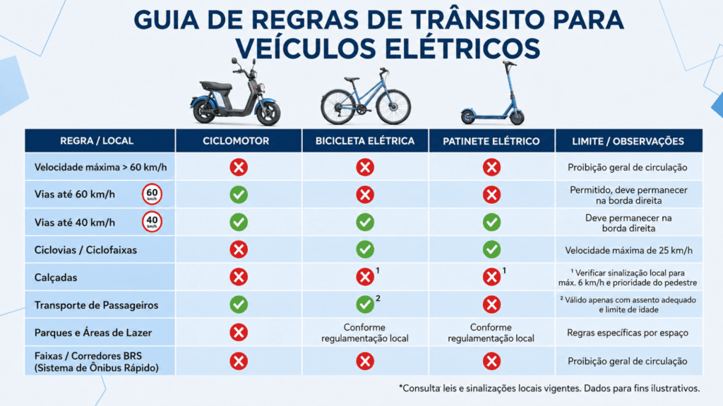 Regras de Ciclomotores e Bicicletas Elétricas: Precisa de CNH e de placa em 2026? 2 tabela bicicleta eletrica precisa de cnh em 2026 1