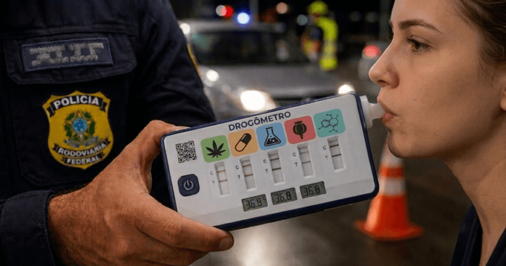 Policial Rodoviário Federal segurando o novo drogômetro lei seca 2026, que possui ícones de substâncias psicoativas, enquanto uma motorista realiza o teste soprando no bocal.