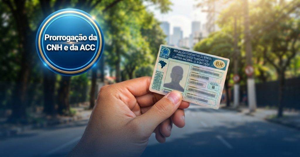 Banner de capa do blog Trânsito Leve com destaque para a prorrogação de Cnh vencida e da ACC vencida, mostrando a mão de uma pessoa segurando uma carteira nacional de habilitação ao ar livre.